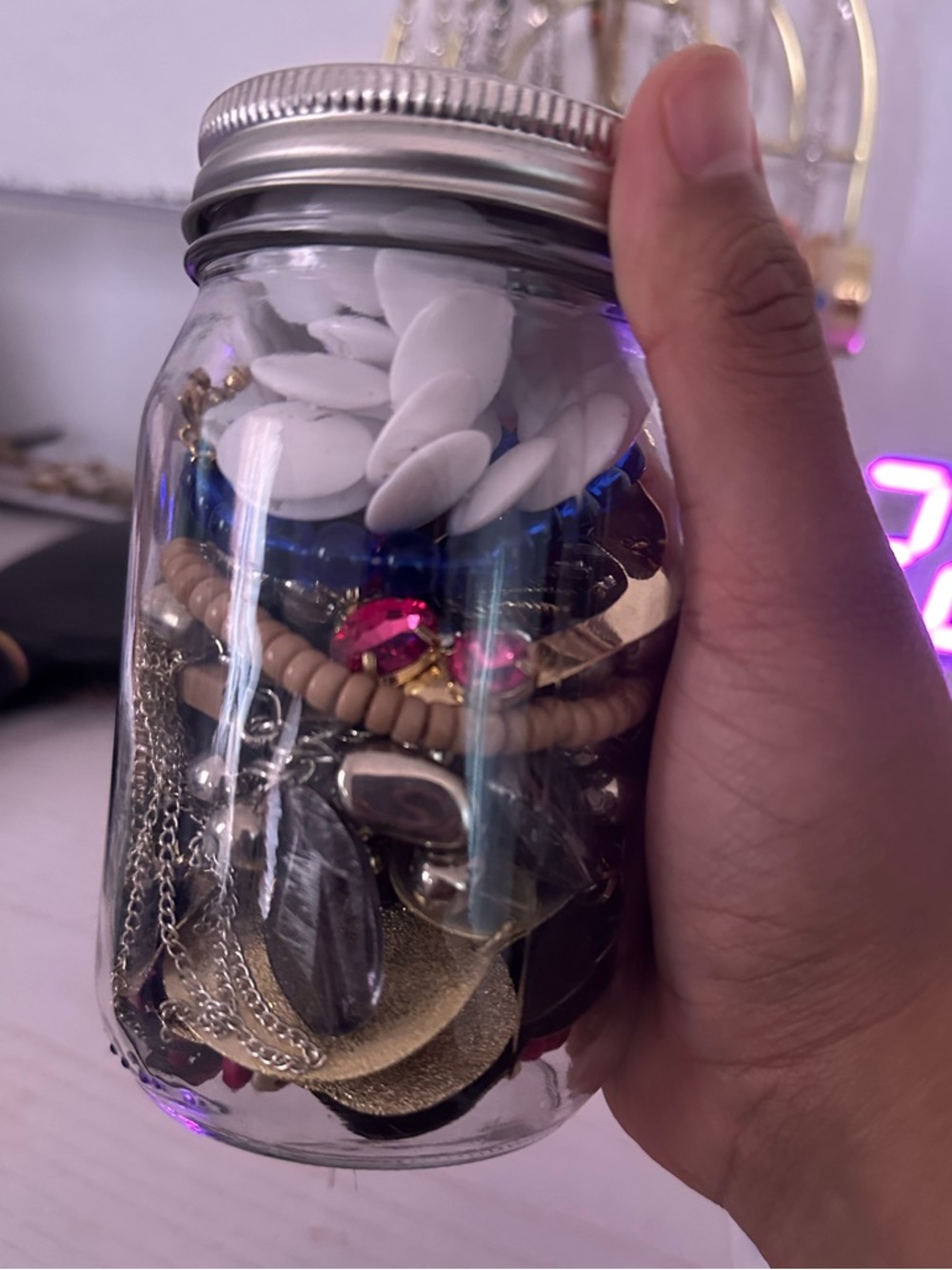 Glass Mason Jar Filled with Assorted Jewelry